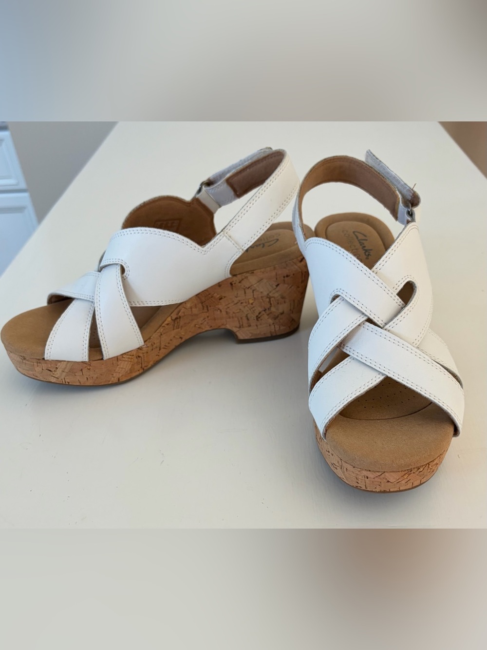 Clarks White Leather Cork Wedge Sandals